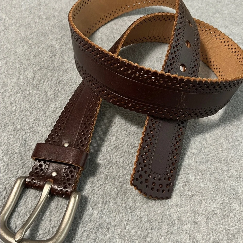 Boho Leather Bonded Belt Womens Medium Brown Silver Brass Buckle Lazer Cut